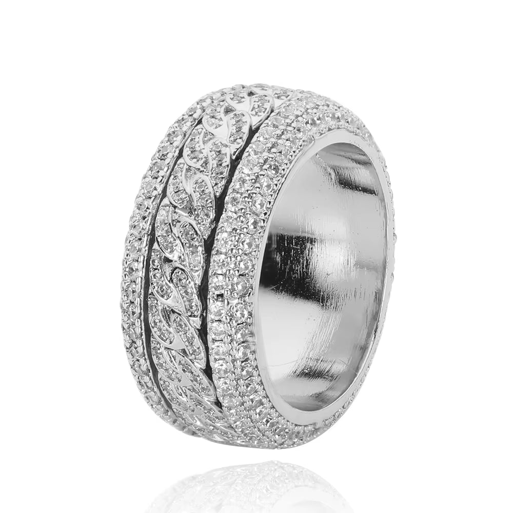 NUOYA Iced Out Bling VVS Moissanite Spinner Cuban Ring 925 Silver Hip Hop Gold Plated Ring Unisex Women Men