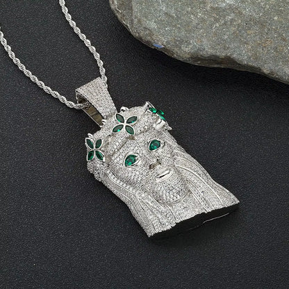 NUOYA Large Heavy Jesus Pendant Necklace Hip Hop Style Bling Green Zircon Four Leaf Clover Jesus Pendant Jewelry