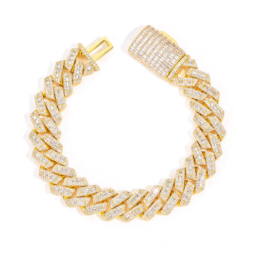 NUOYA 18Mm Heavy Duty Cuban Chain 925 Silver Bracelet Flip Buckle Iced VVS Moissanite Baguette Inlay Hip Hop Jewelry