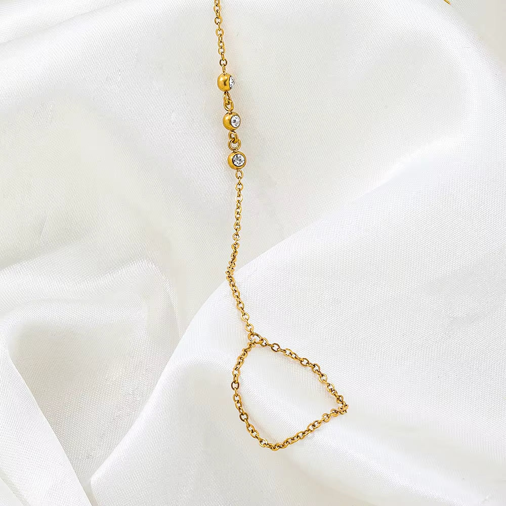 High-End 3 Stones Stainless Steel Hand Chain Tassel Bracelet Ring Dainty Zirconia Fashion Style Jewelry for Women