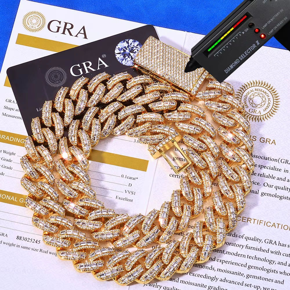 NUOYA 18Mm 925 Silver Cuban Chain Iced Out Flip Buckle VVS Moissanite Baguette Mixed Inlay Cuban Necklace Hip Hop Jewelry