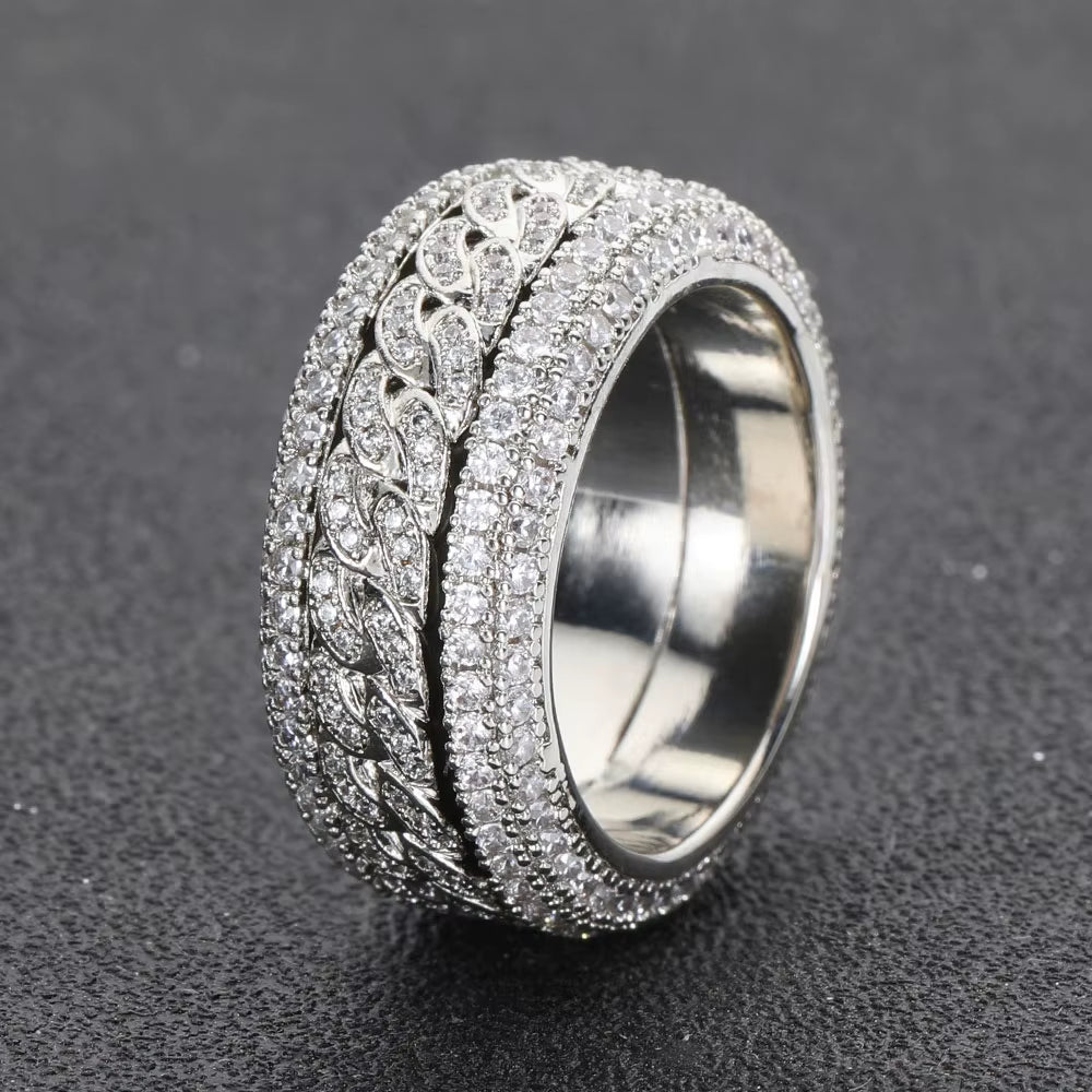 NUOYA Iced Out Bling VVS Moissanite Spinner Cuban Ring 925 Silver Hip Hop Gold Plated Ring Unisex Women Men