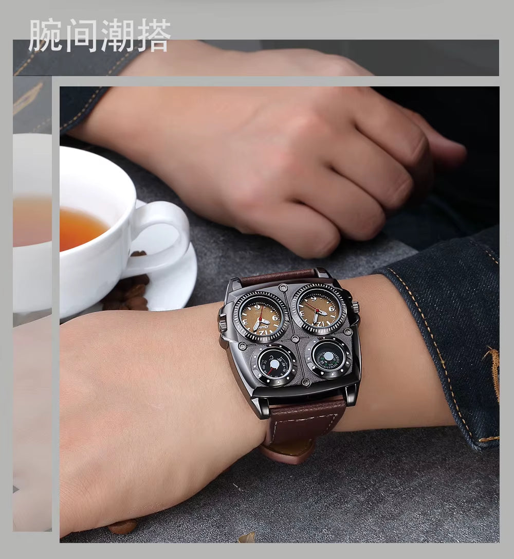 Oulm Men'S Watches Two Time Zone Pilot Style Watch Big Size Quartz Clock Male Leather Strap Wristwatch