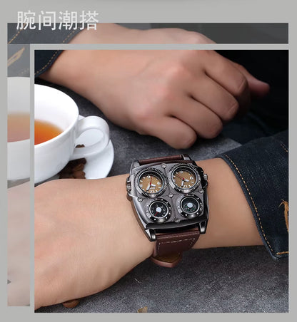 Oulm Men'S Watches Two Time Zone Pilot Style Watch Big Size Quartz Clock Male Leather Strap Wristwatch