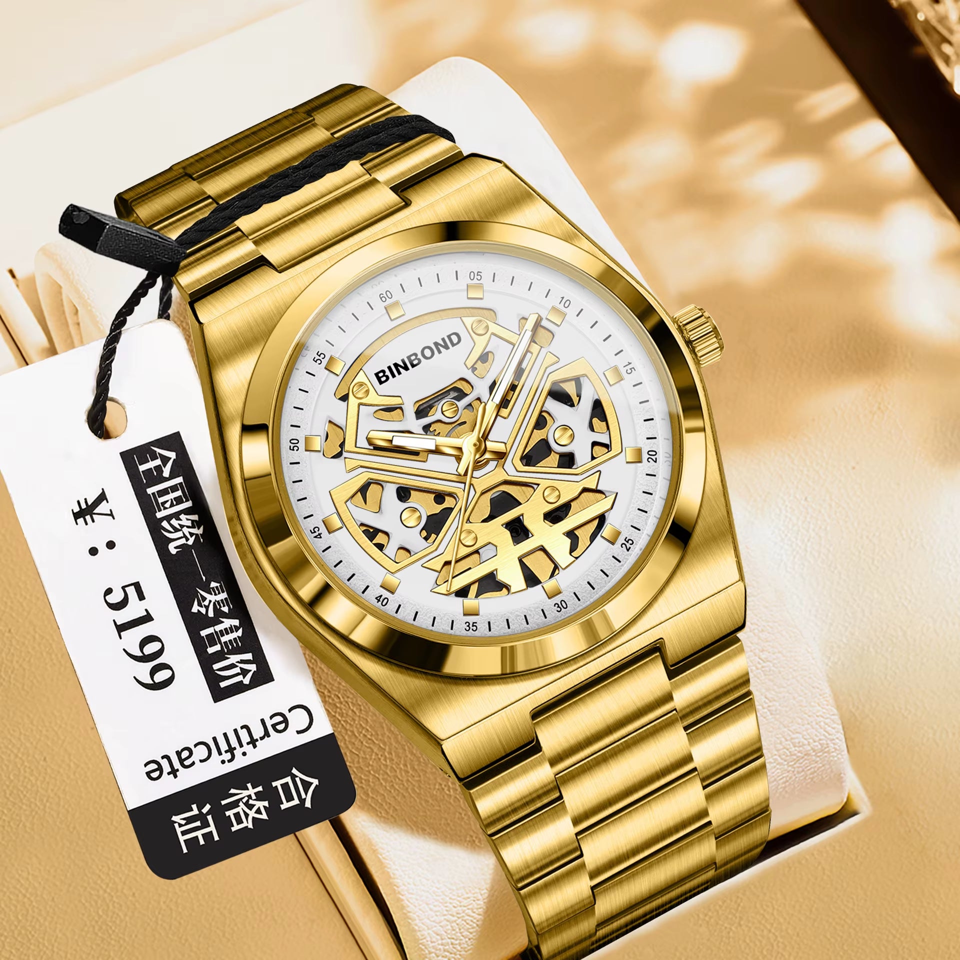 Luxury Men'S Stainless Steel Quartz Watch Binbond Hot Selling Classic Style Hollowed Out High-Quality Luminous Wrist Watch