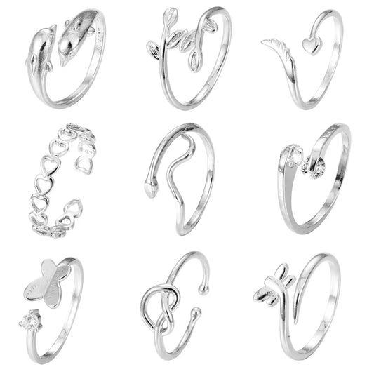 2025 New Adjustable 9 Piece Ring Set Butterfly Vintage Love Geometric Silver Rings Toe Rings for Women or Men