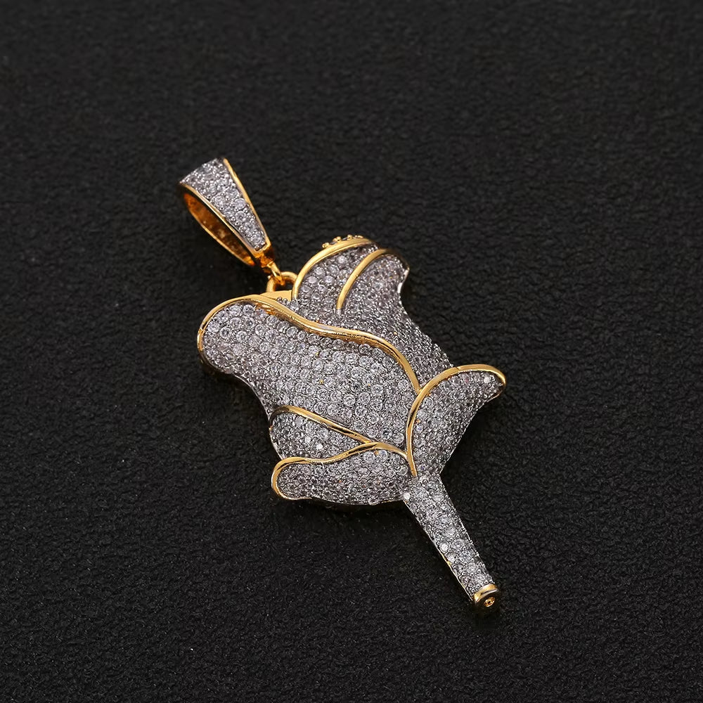 New Hip Hop Style 18K Gold Rose Flower Pendant Necklace Full Pave Zircon Charms for Women Fine Diamond Rose Flower Pendant