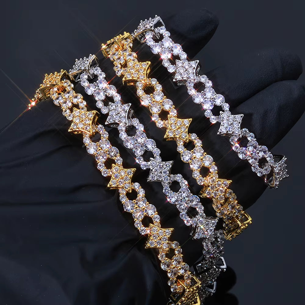 NUOYA 925 Silver Bracelet Spring Lock Clasp Iced Out VVS Moissanite Four Pointed Star Infinite Design Hip Hop Fine Jewelry