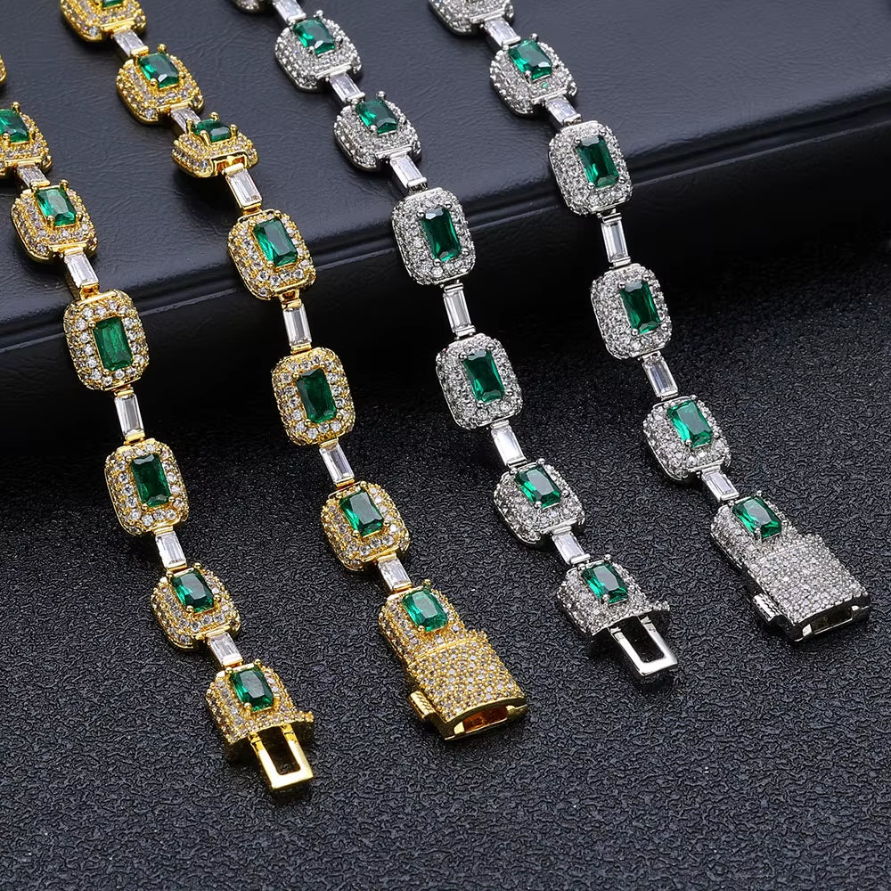 NUOYA Baguette Diamond Link Chain Necklace Silver Plated Micro Pave Emerald Zircon Bling Hip Hop Fine Jewelry