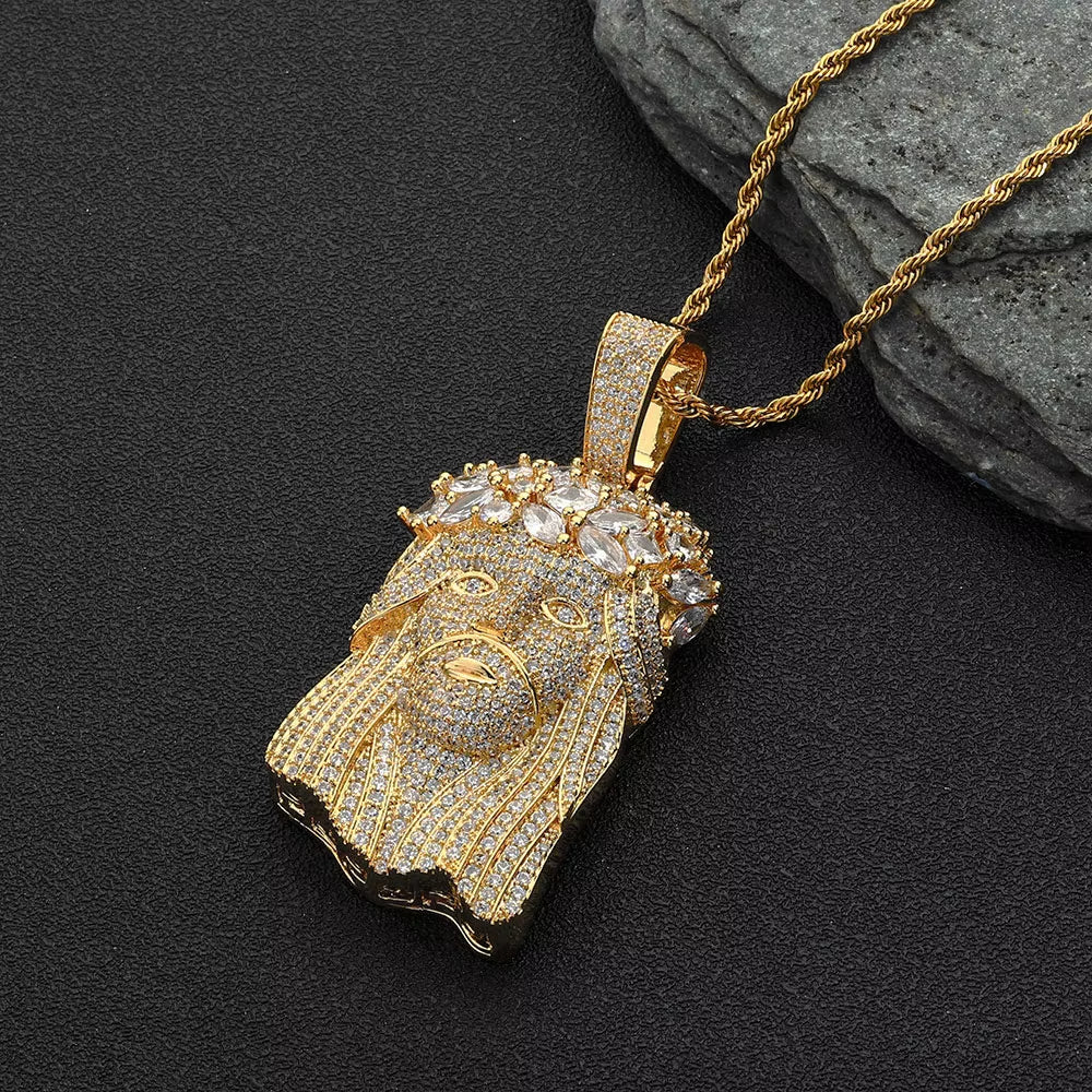 NUOYA Hip Hop Jewelry Iced Out Diamond Charm Pendant Gold Silver Plated Claw Setting Zircon Wreath Jesus Head Pendant for Women