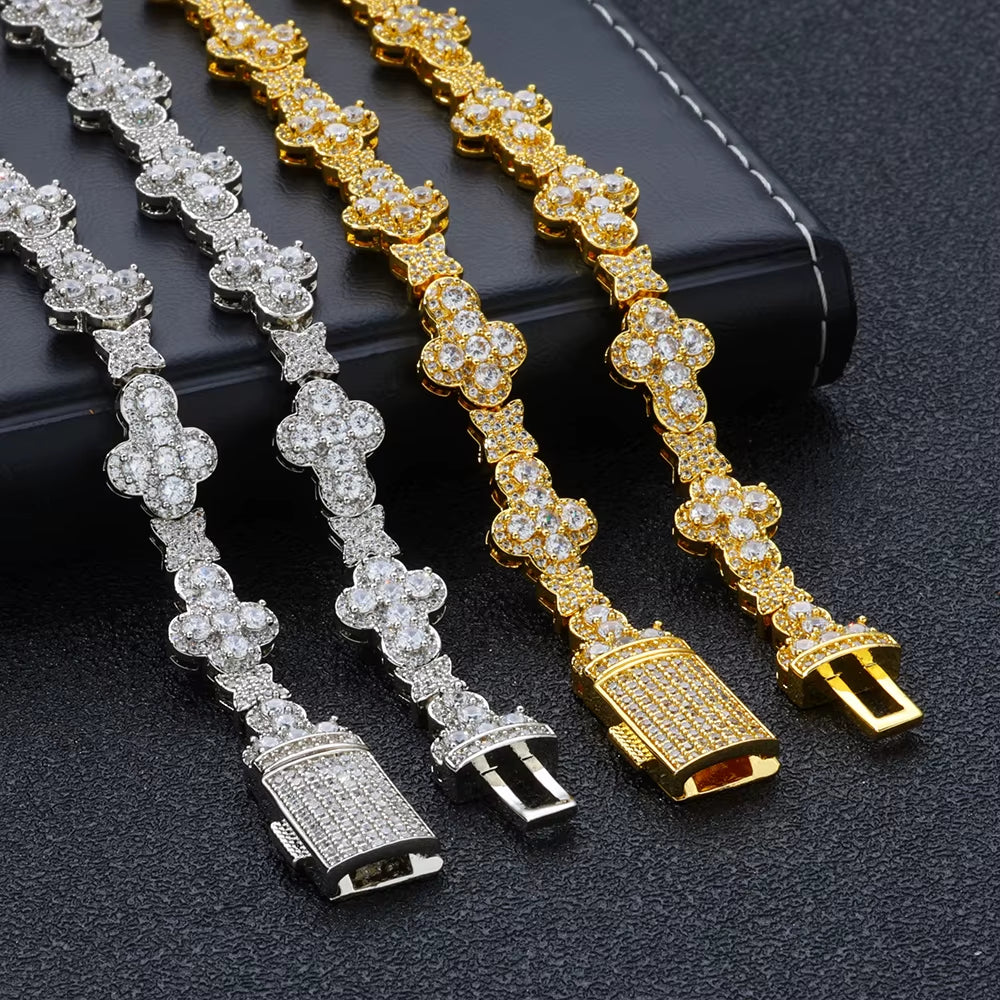 NUOYA Iced Out Full Pave Zircon Choker Necklace Gold Plated with Diamond Cross Link Chain Flower Design Shiny Hip Hop Jewelry
