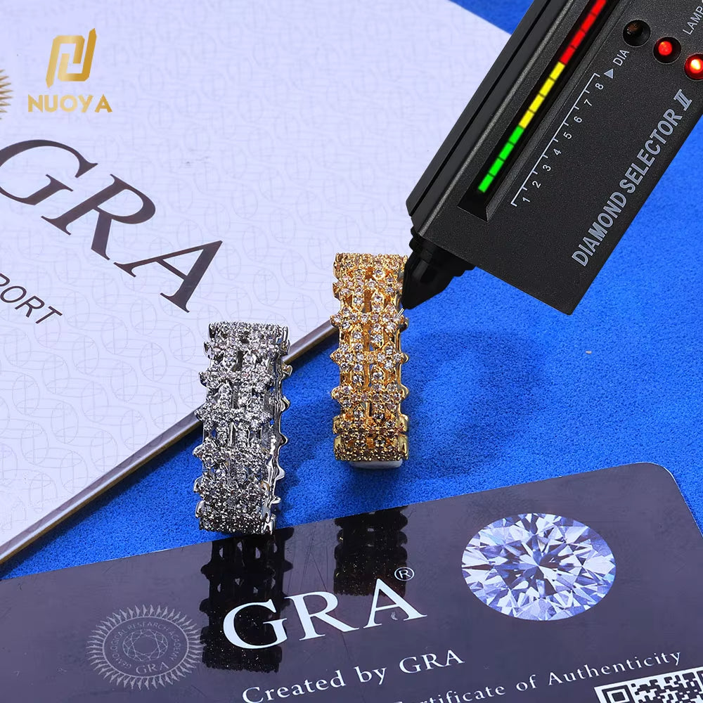 NUOYA New Arrival 8Mm Double Row Cross Ring 925 Silver White VVS Moissanite Iced Bling Design Women'S Fine Jewelry