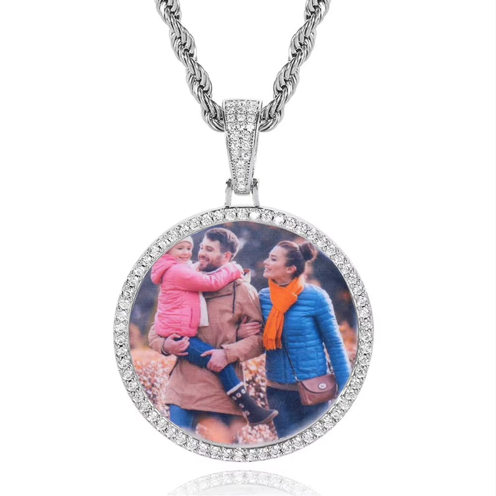 Nuoya Fine Jewelry Bling VVS Moissanite Custom Photo Pendant 925 Sterling Silver round Photo Frame Pendant for Men Women