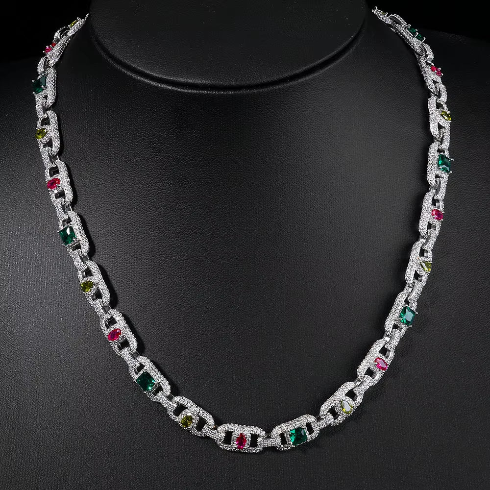 NUOYA Luxury Colorful Zircon Cuban Chain Necklace Silver Plated Mixed Inlaid Iced Out Diamond Hip Hop Fine Jewelry