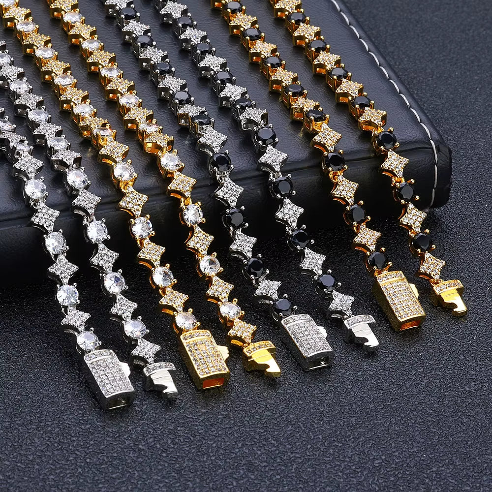 NUOYA Iced Out Tennis Chain Necklace 6Mm Spring Lock Clasp round Zircon Star Design Sparkling Diamond Hip Hop Jewelry