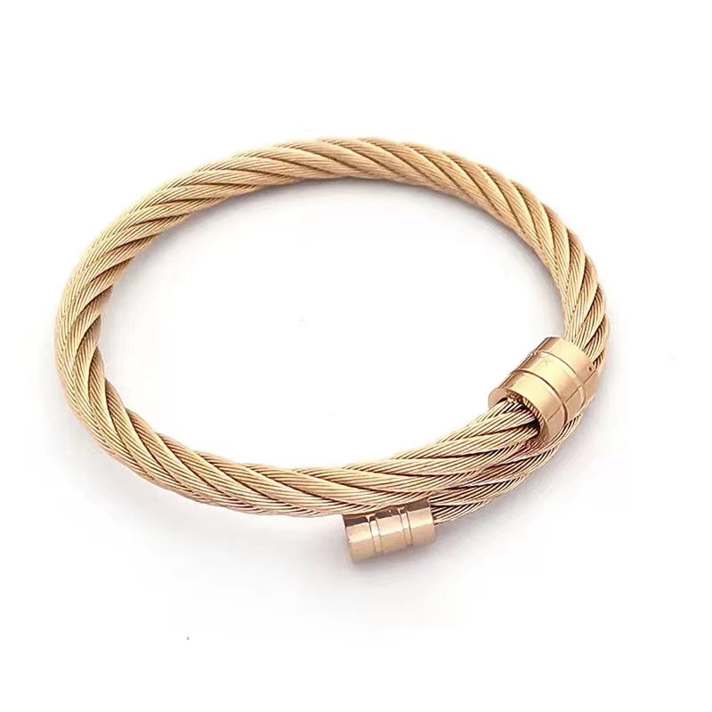 Fashion Twist Cable Wire Cuff Bangle 18K Gold Plated Stainless Steel Women Men Jewelry Adjustable Open Cuff Rope Bracelet