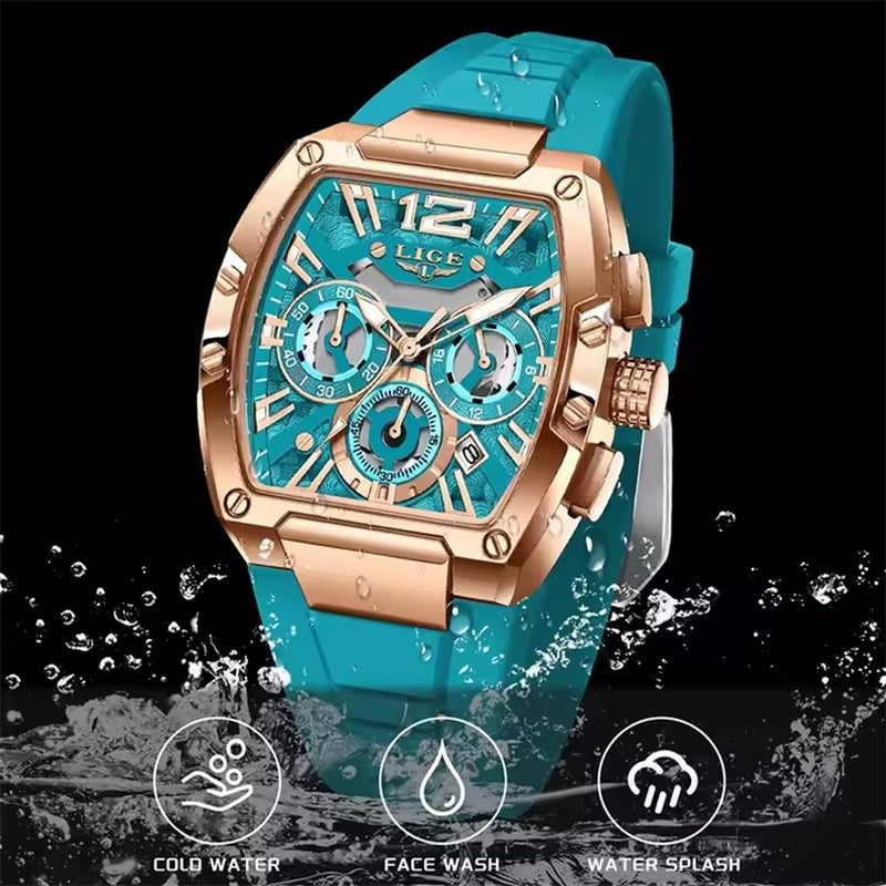 LIGE 89206 Men Wristwatches Creative Rectangle Watch for Man Sports Chronograph Luminous Date Clock Top Brand Hollow Watch Men