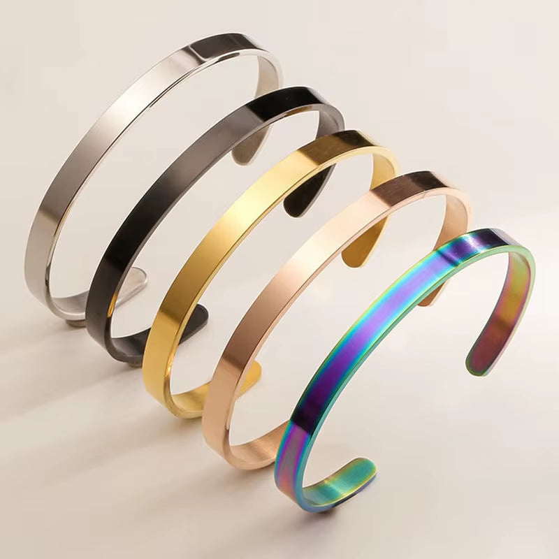 Wholesale Jewelry Custom Name Logo 18K Gold Silver PVD Plated 316L Stainless Steel Women C Open Cuff Bangle Bracelet Jewelry