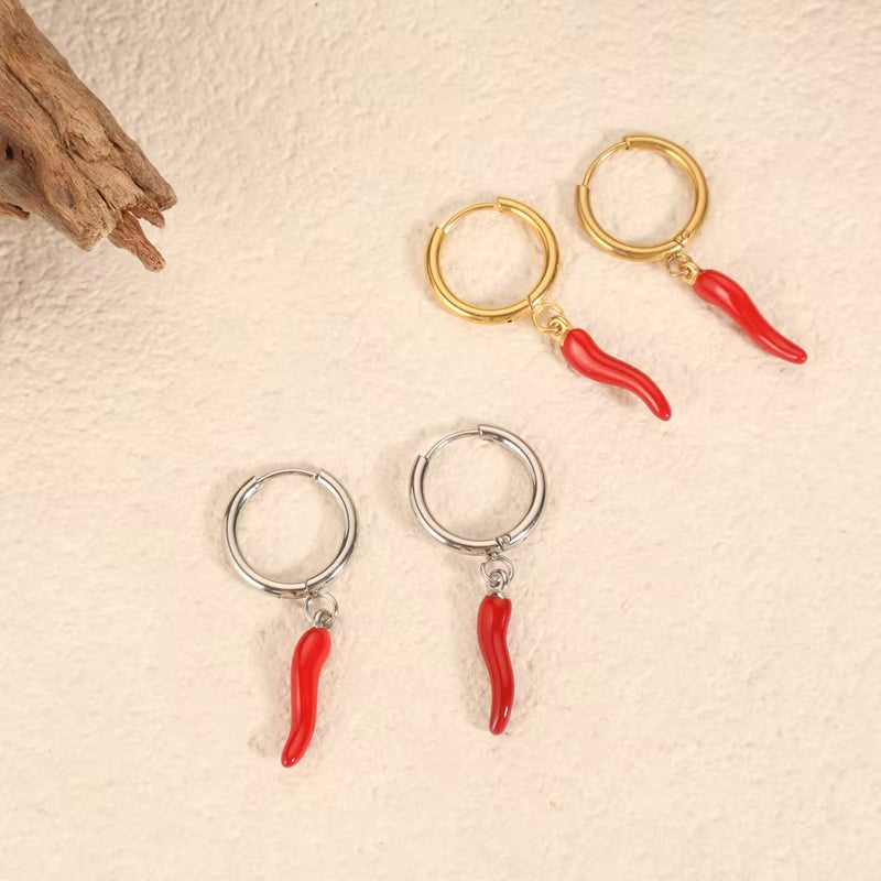 Elegant Waterproof Fashion Jewelry Pvd 18K Gold Stainless Steel Vintage Red Pepper Earring Hoop Stud Huggie for Men Women