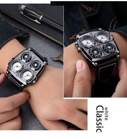 Oulm Men'S Watches Two Time Zone Pilot Style Watch Big Size Quartz Clock Male Leather Strap Wristwatch