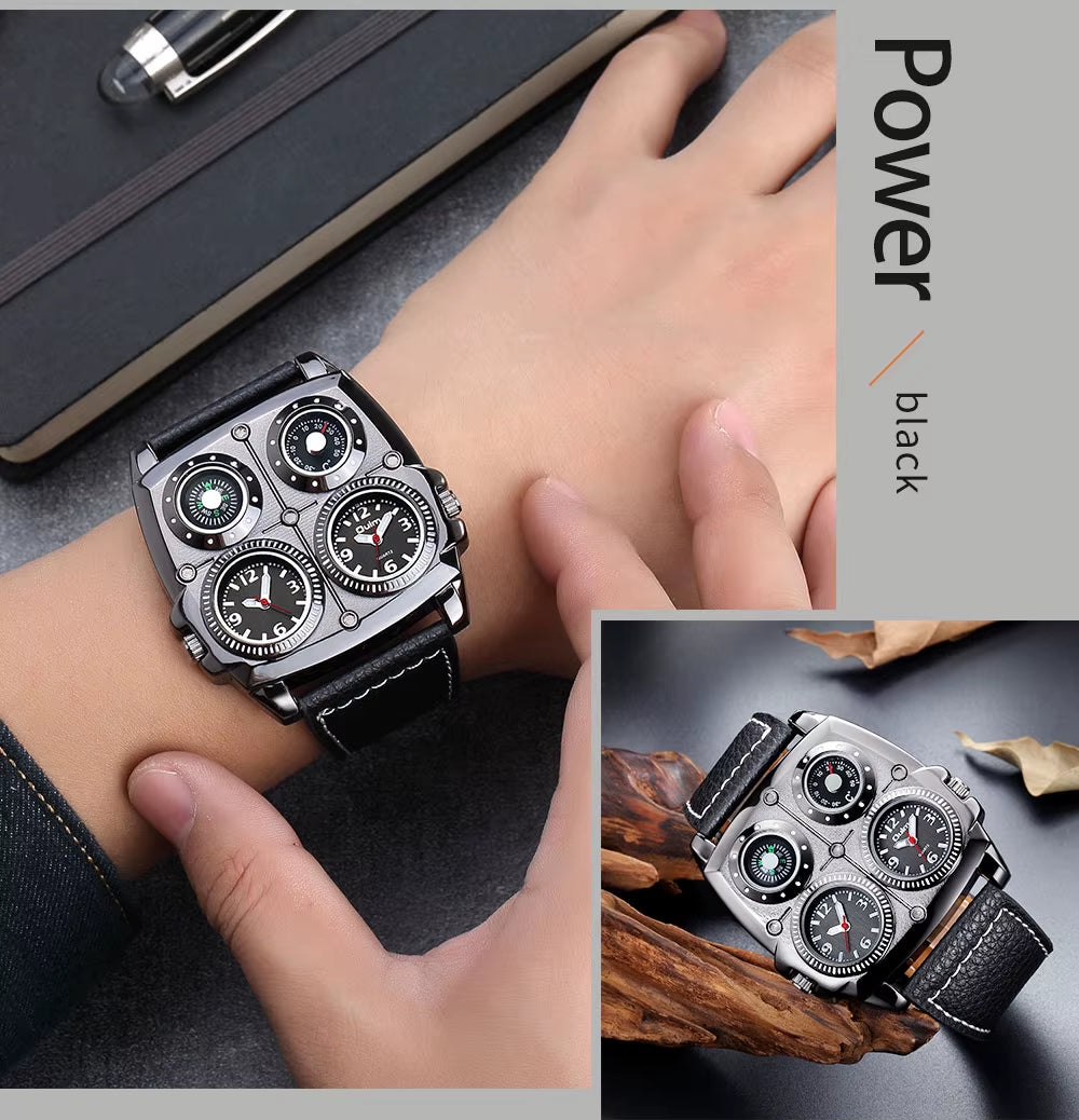 Oulm Men'S Watches Two Time Zone Pilot Style Watch Big Size Quartz Clock Male Leather Strap Wristwatch
