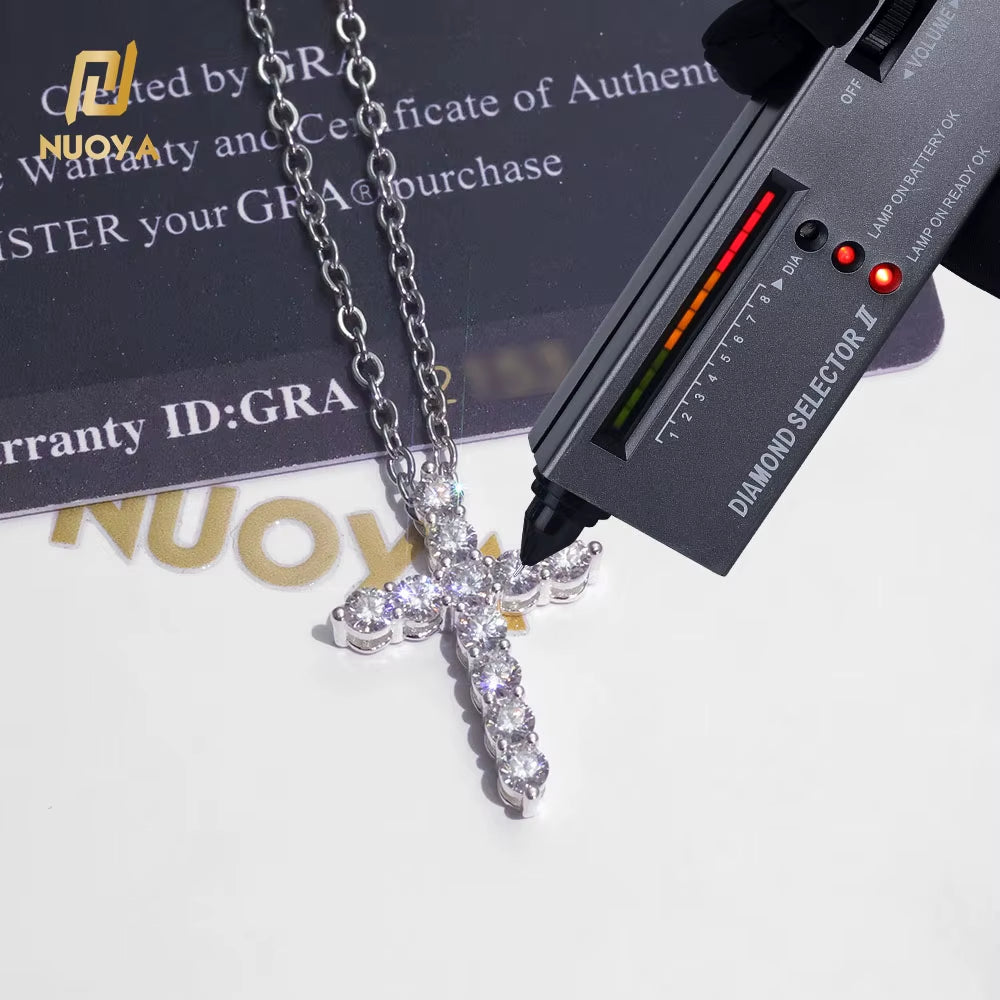 NUOYA 925 Sterling Silver Jesus Cross Pendant Iced Out Moissanite Christian Religious Jewelry White Gold Plated Gift for Women