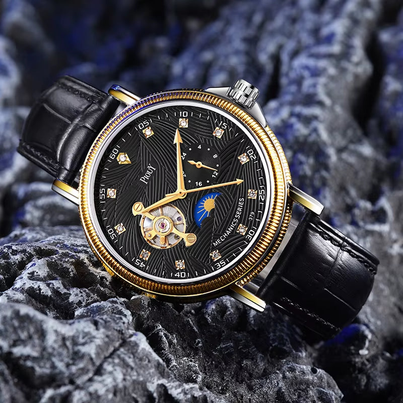 PIOUY D 379 Reloj Fashion Men Watches 2023 Custom Logo Moon Phase Skeleton Mechanical Watches Men Luxury Automatic Watch