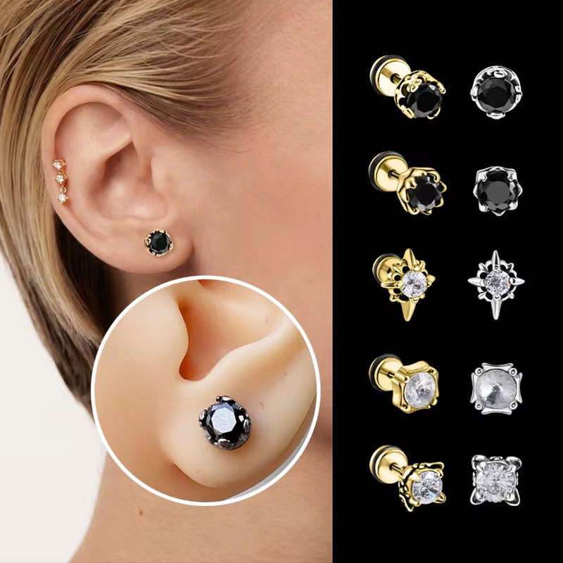 Wholesale Punk Style Single Zircon Prong Earrings Stainless Steel Vintage Obsidian Men Earrings