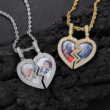 Hip Hop Fine Jewelry Iced Out Broken Heart Charm Photo Necklace White Gold Plated Custom Memory Photo Frame Pendant