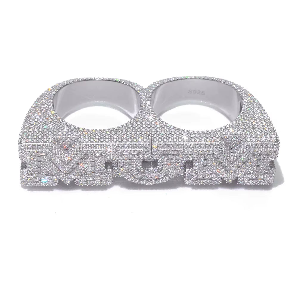 NUOYA 925 Silver Personalization Custom Letter Double Finger Ring Iced Out VVS Moissanite Luxury Hip Hop Fine Jewelry