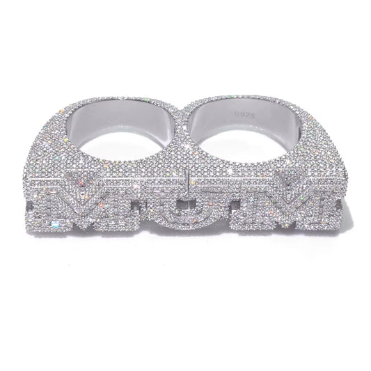 NUOYA 925 Silver Personalization Custom Letter Double Finger Ring Iced Out VVS Moissanite Luxury Hip Hop Fine Jewelry
