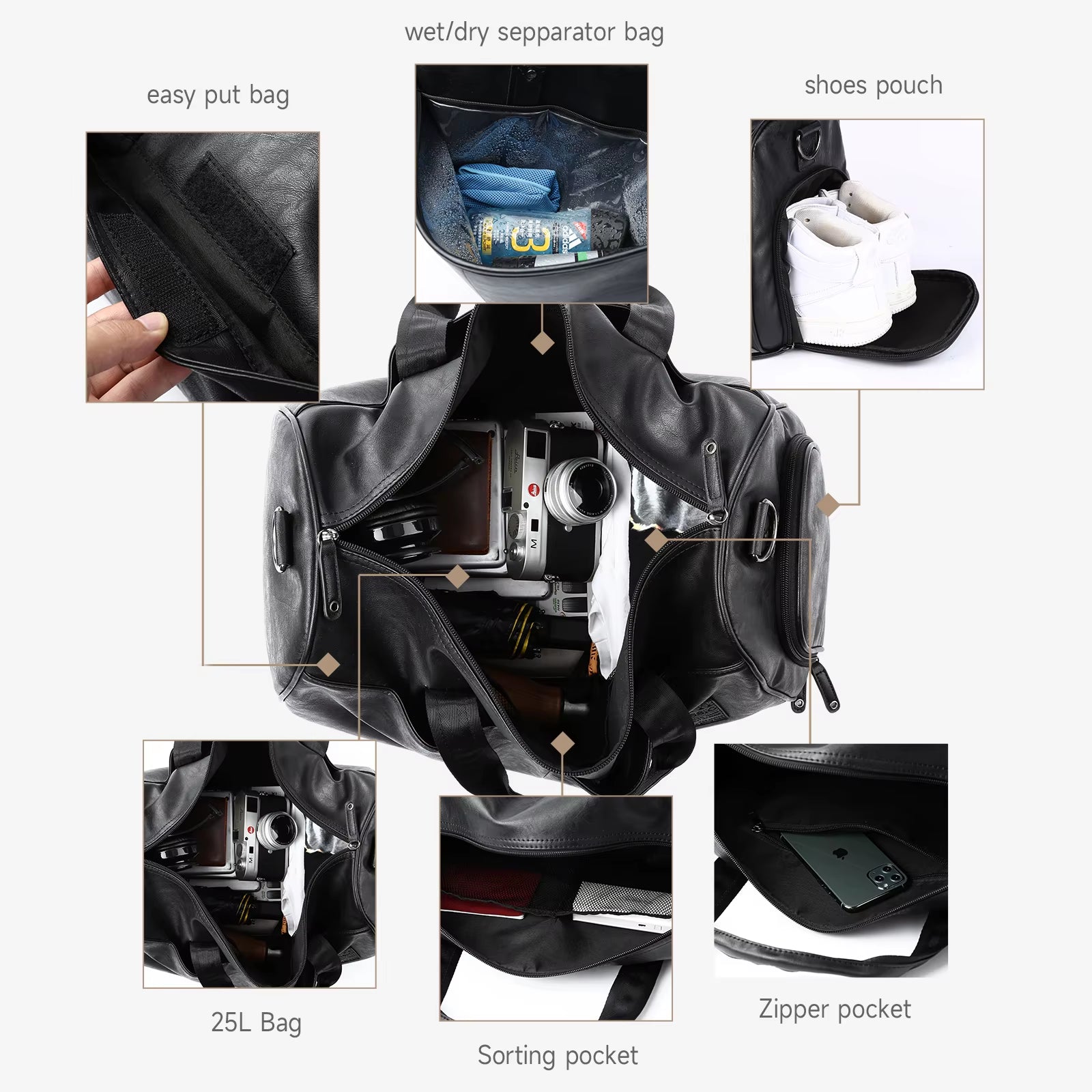 Custom Waterproof PU Leather Duffle Bags for Men Unisex Luggage Leather Travel Bag