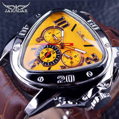 JARAGAR GMT951 Sport Racing Design Geometric Triangle Pilot Genuine Leather Men Mechanical Watch Luxury Automatic Wristwatches