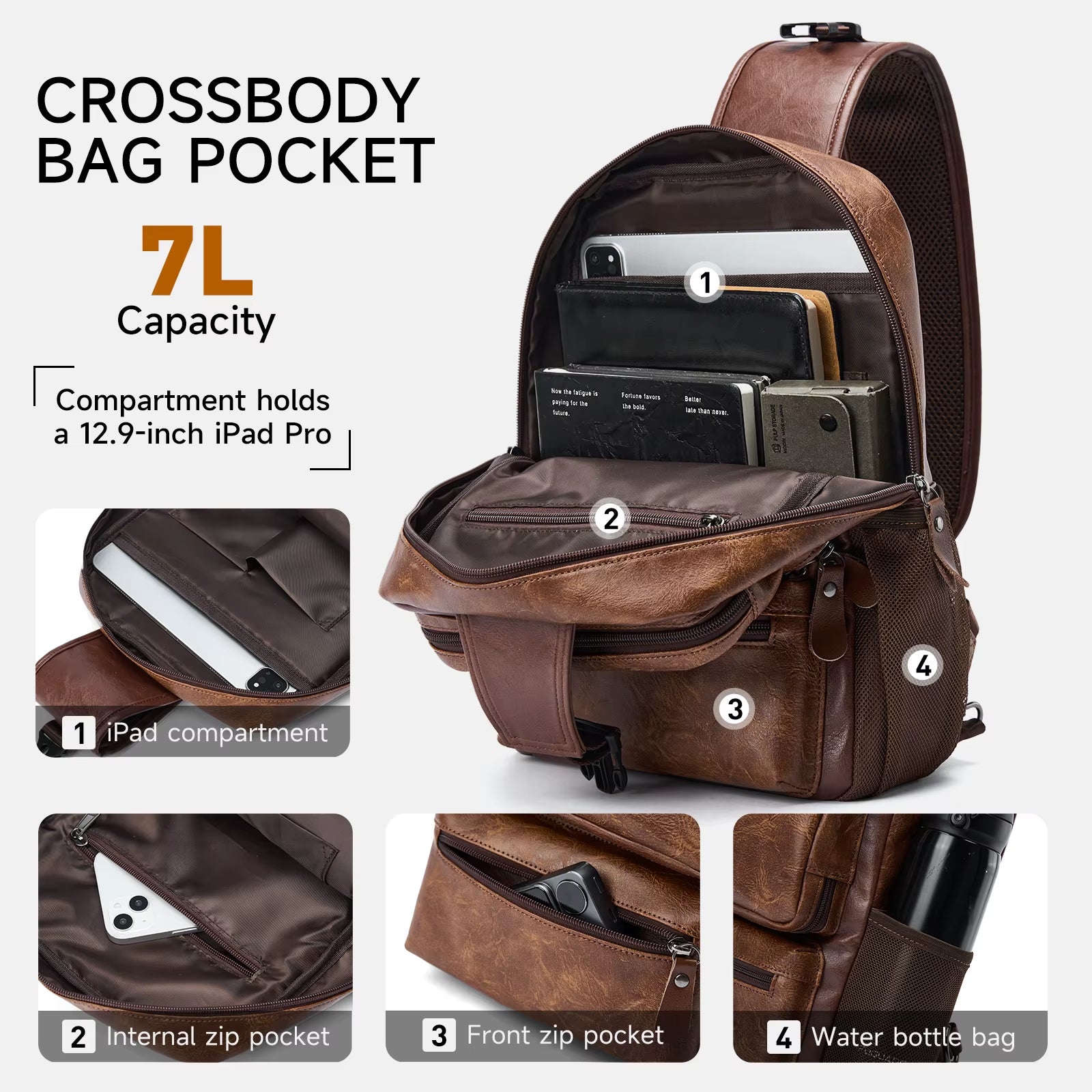 MOYYI Wholesale Brown Vintage Waist Bag Waterproof PVC Leather Cycling Chest Bags for Men Travel Sling Bags