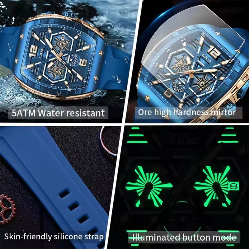 LIGE 89108 Business Wristwatch Waterproof Sport Men'S Watch Casual Silicone Date Quartz Wrist Watches for Men Relogio Masculino