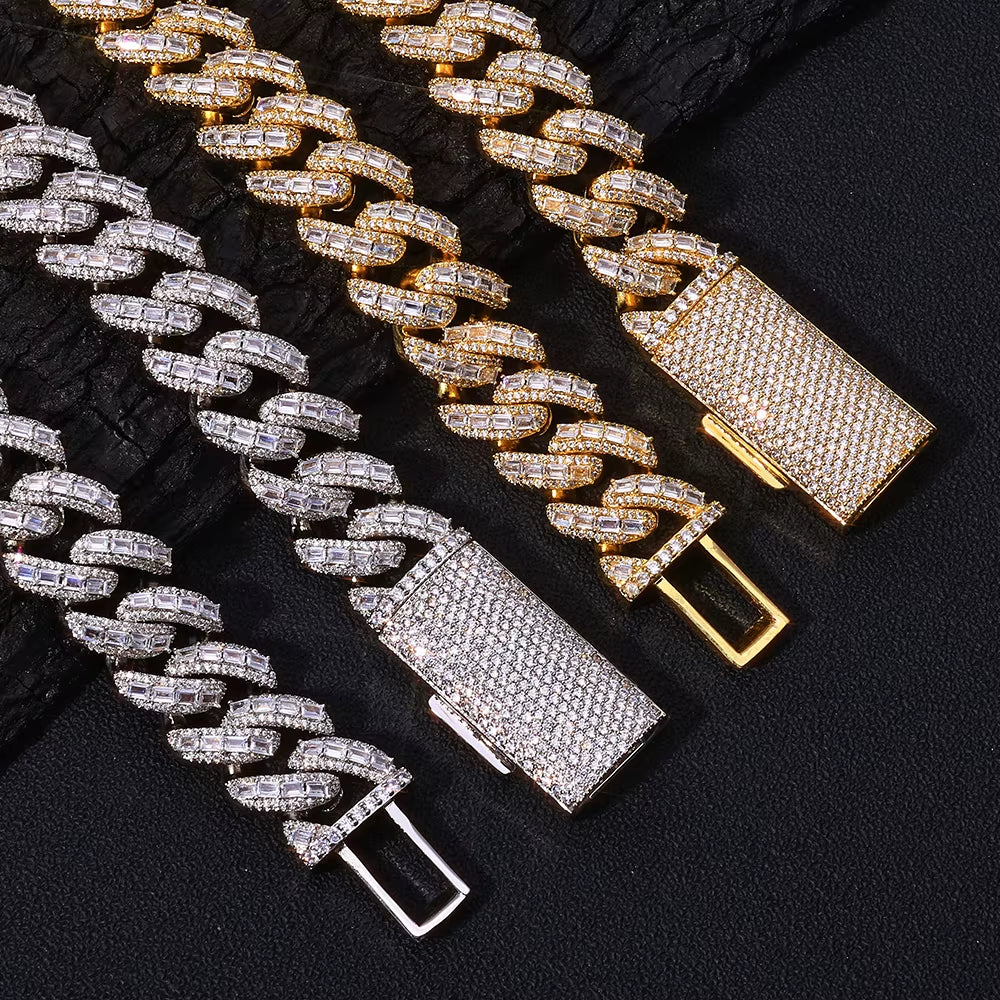 NUOYA 18Mm 925 Silver Cuban Chain Iced Out Flip Buckle VVS Moissanite Baguette Mixed Inlay Cuban Necklace Hip Hop Jewelry
