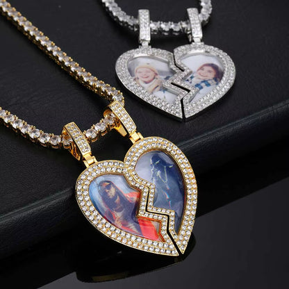 Hip Hop Fine Jewelry Iced Out Broken Heart Charm Photo Necklace White Gold Plated Custom Memory Photo Frame Pendant