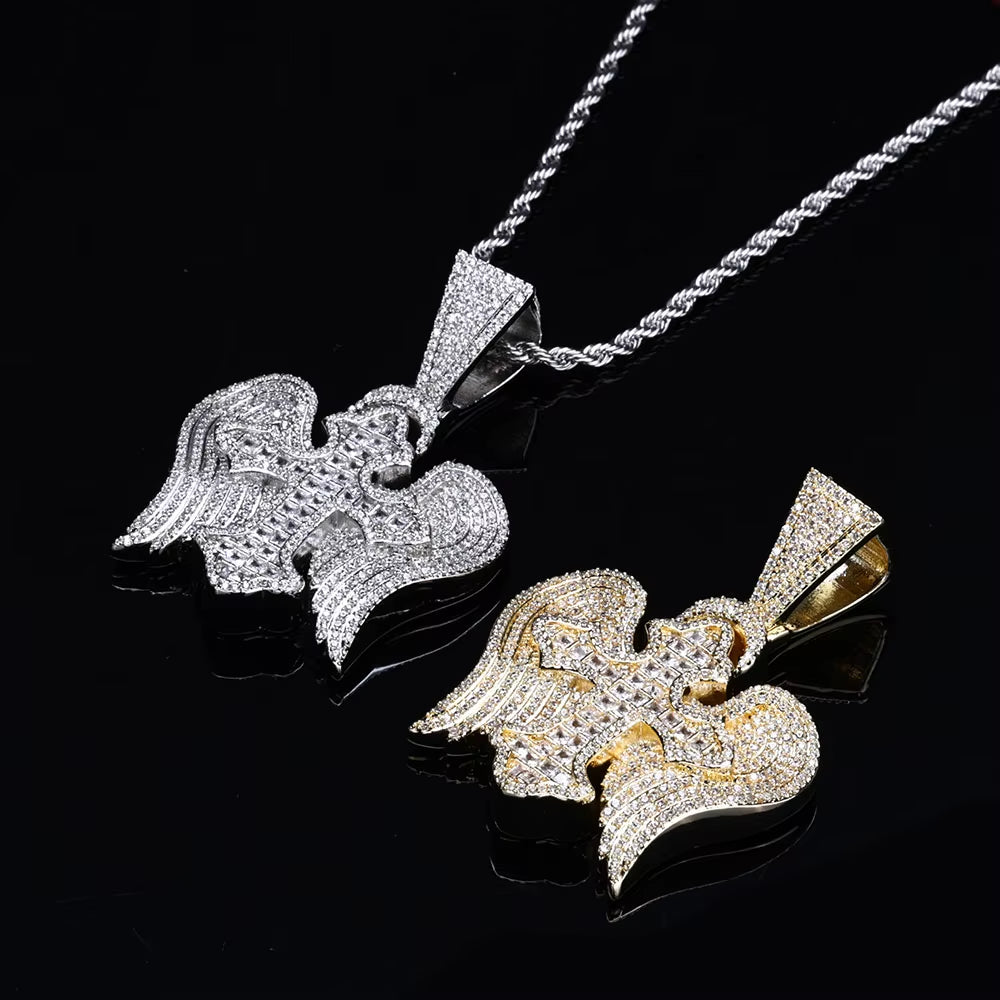 NUOYA Hip Hop Jewelyr Iced Out Diamond Cross Pendant White Gold Full Pave Shiny Zircon Angel Wings Cross Pendant for Gift