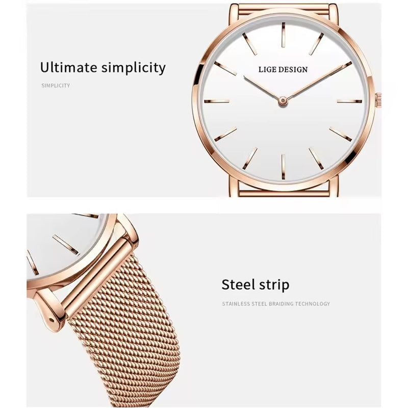 LIGE 89191 Elegant Women Watches Fashion Simple Ladies Quartz Clock Lady Wristwatch Waterproof Ultra-Thin Watch Relogio Feminino
