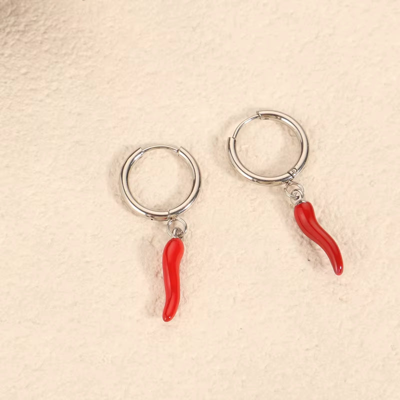 Elegant Waterproof Fashion Jewelry Pvd 18K Gold Stainless Steel Vintage Red Pepper Earring Hoop Stud Huggie for Men Women