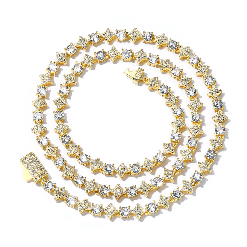 NUOYA Iced Out Tennis Chain Necklace 6Mm Spring Lock Clasp round Zircon Star Design Sparkling Diamond Hip Hop Jewelry