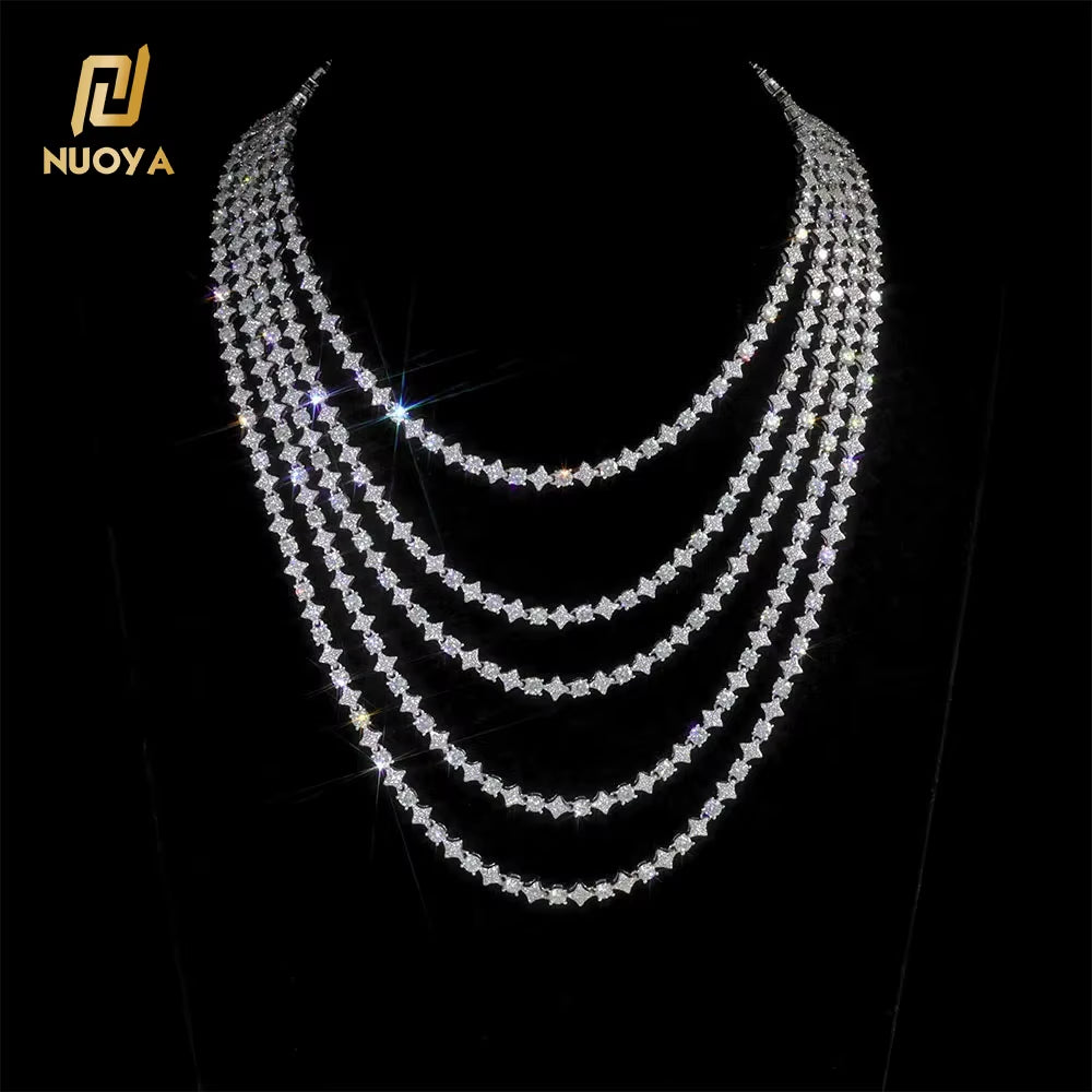 NUOYA Iced Out Tennis Chain Necklace 6Mm Spring Lock Clasp round Zircon Star Design Sparkling Diamond Hip Hop Jewelry
