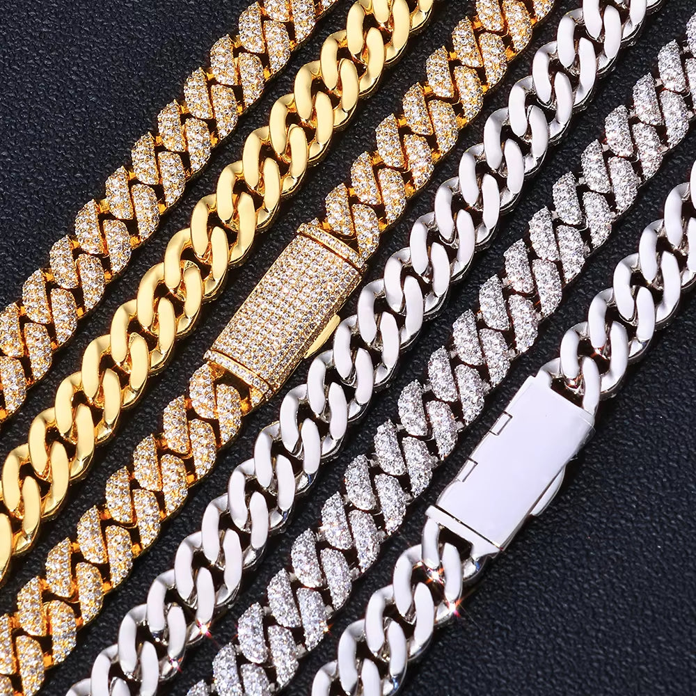 NUOYA 10Mm 925 Silver Flip Buckle 3 Rows Diamond Cuban Chain Iced Out VVS Moissanite Cuban Necklace Hip Hop Jewelry