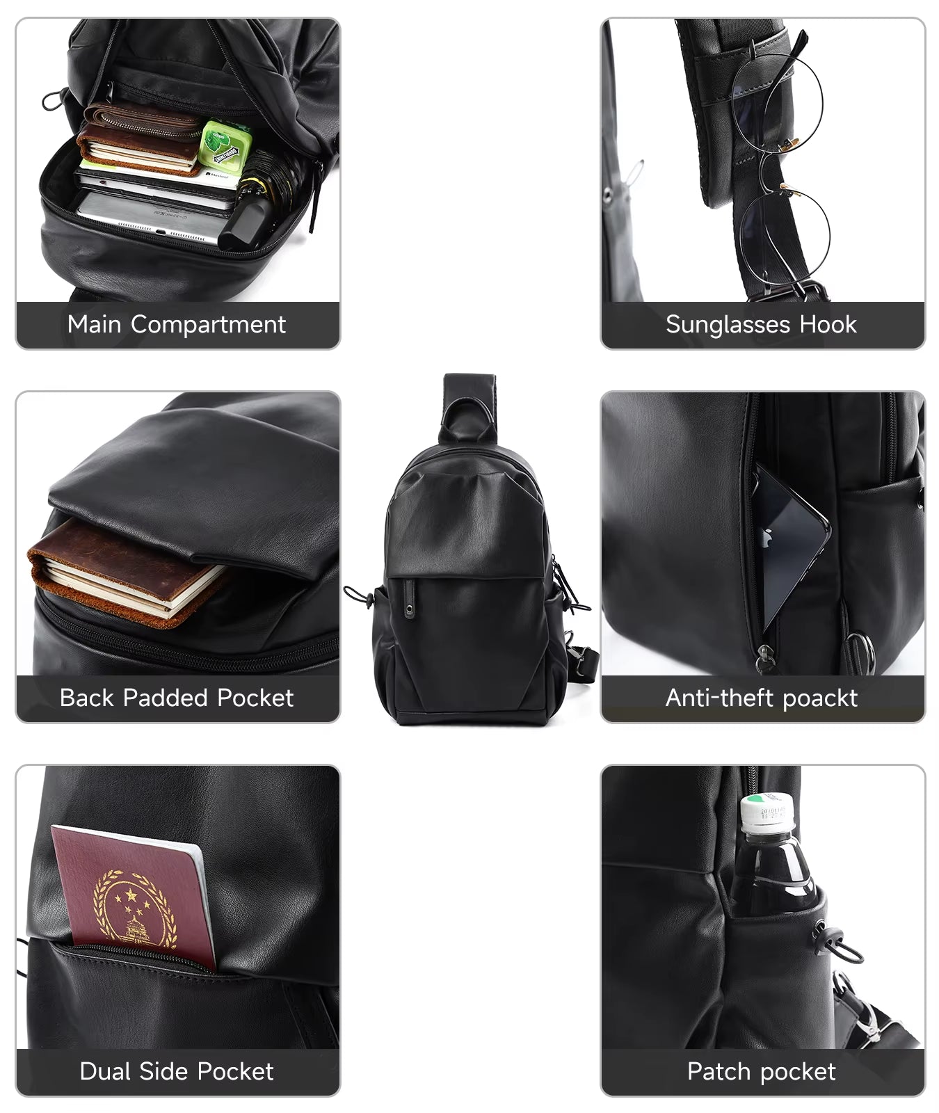 Waterproof anti Theft PU Leather Chest Bags for Men Crossbody Sling Bags