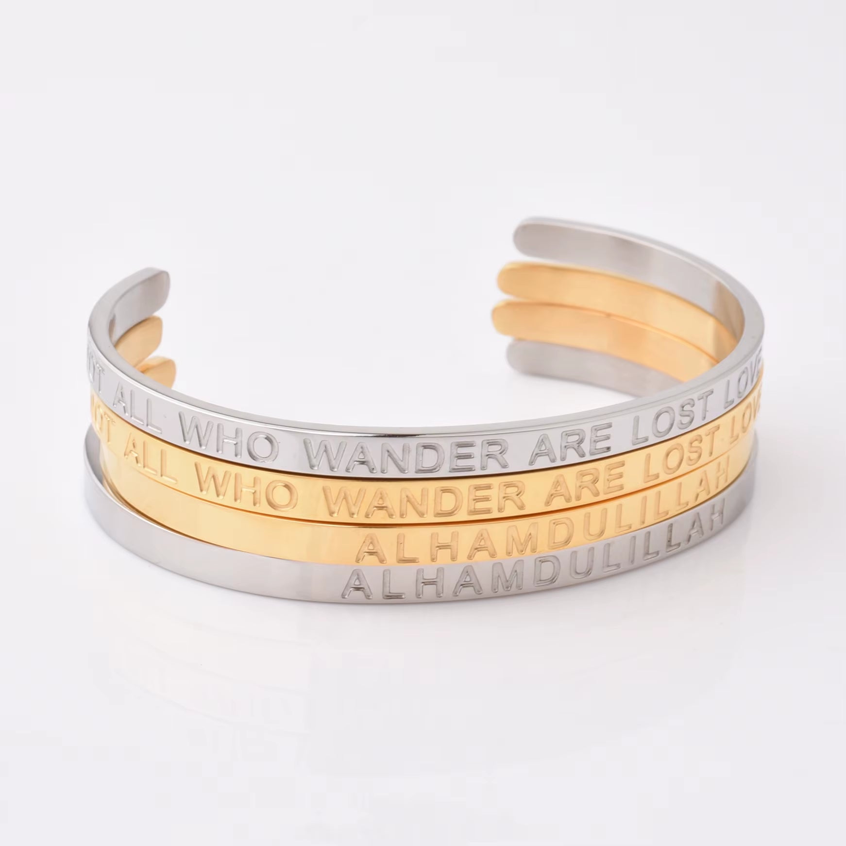 High Quality Engraved Words Logo Gold Plated Woman Mens Custom Logo Stainless Steel Bracelet Gold Cuff Bangle