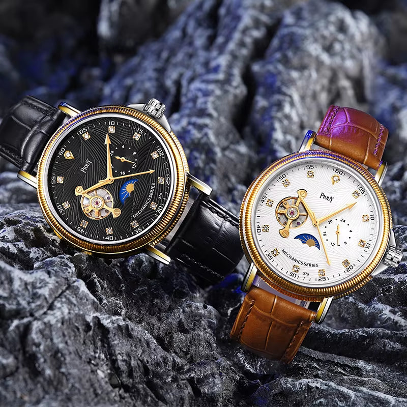 PIOUY D 379 Reloj Fashion Men Watches 2023 Custom Logo Moon Phase Skeleton Mechanical Watches Men Luxury Automatic Watch