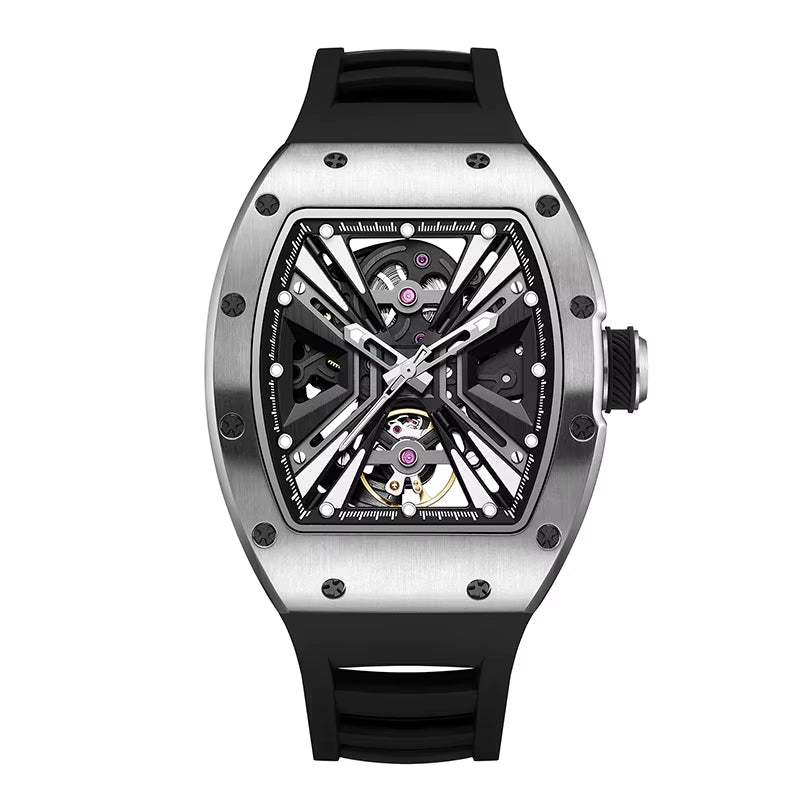 Men'S Trendy Luxury Skeleton Mechanical Watch Luminous Carbon Fiber Barrel-Type with Silicone Band Summer Type