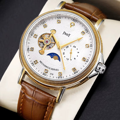 PIOUY D 379 Reloj Fashion Men Watches 2023 Custom Logo Moon Phase Skeleton Mechanical Watches Men Luxury Automatic Watch
