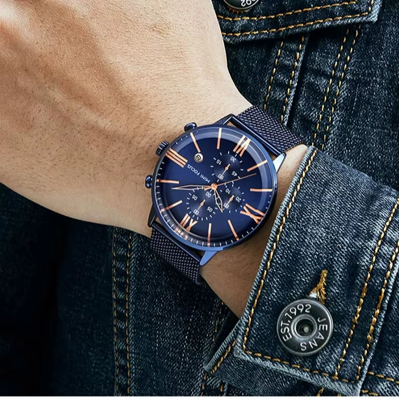 MINI FOCUS 0236G Latest Design Arched Hook Buckle Stainless Steel Mesh Roman Numeral Scale Quartz Watch for Men