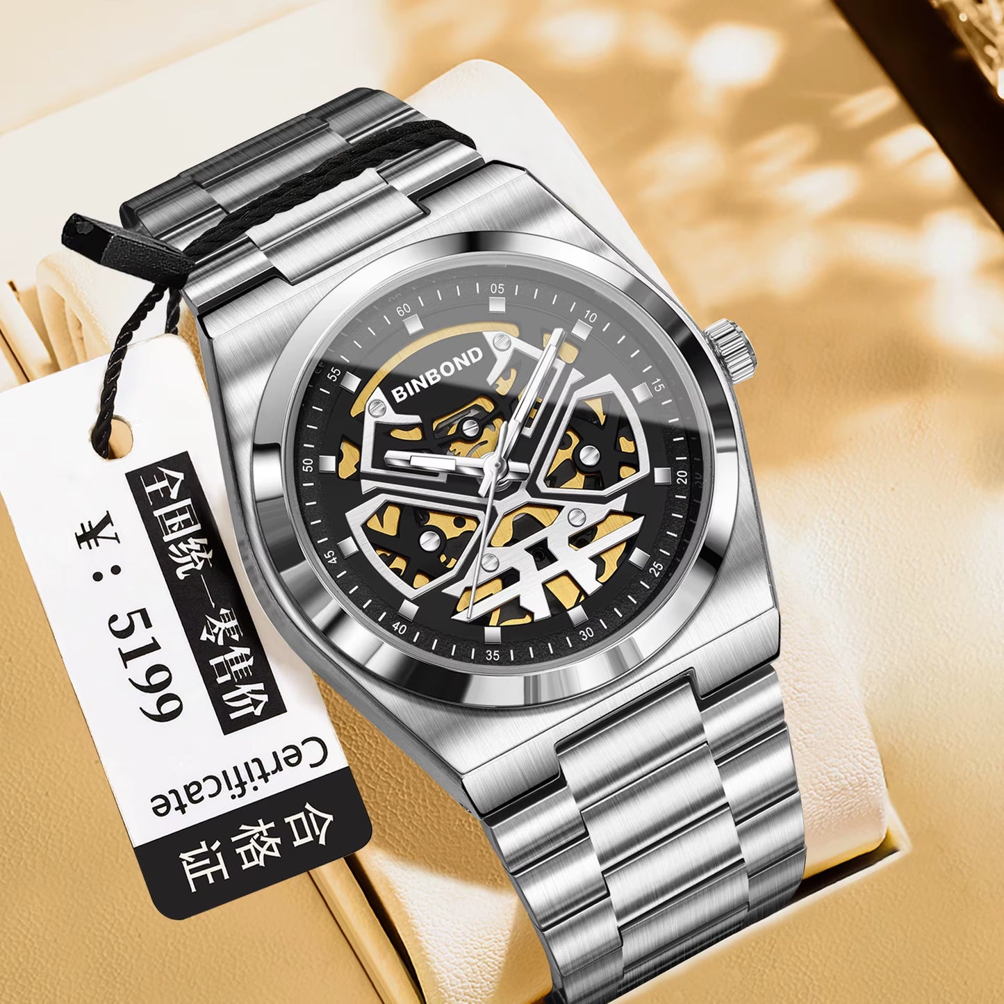 Luxury Men'S Stainless Steel Quartz Watch Binbond Hot Selling Classic Style Hollowed Out High-Quality Luminous Wrist Watch